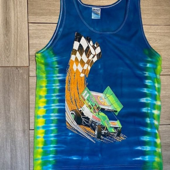 VTG Steve Kinser King Of Outlaws Sprint Car Tie-Dye Tank Top Quaker State Medium - Picture 1 of 6